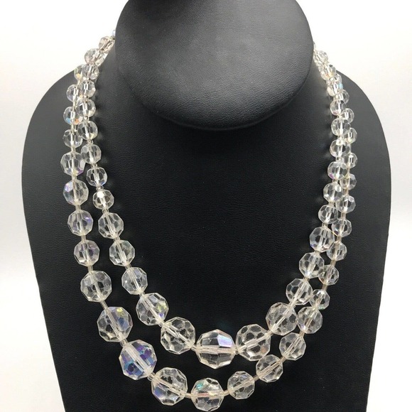 Vintage Clear AB Aurora Borealis Crystal Graduated Double Strand Necklace - Picture 1 of 7